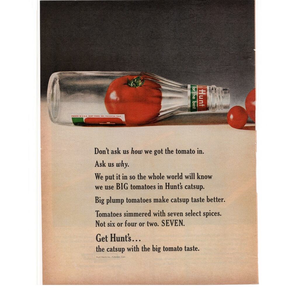 Hunts Catsup Advertisement Vintage 1964 Food Condiment Tomatoes Ketchup Color